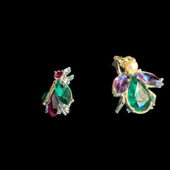 Vintage Bug-Inspired Rhinestone Brooch Set Silver-Tone Purple Green Jewel Accen - Picture 9 of 10